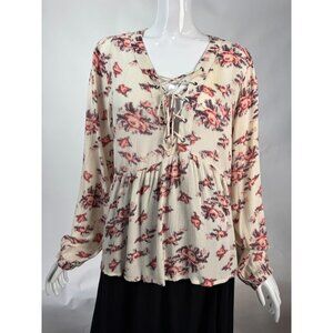 Floral Lace-Up Long Sleeve Peplum Blouse By Lush Size L Cream & Pink Rayon